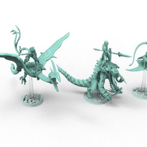 May include: Three light blue fantasy miniatures. One features a winged creature with a rider, another a reptilian beast with a rider, and the third a flying creature with a rider. All are mounted on clear stands.