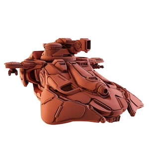 May include: A reddish-brown futuristic spacecraft model with detailed paneling and a central turret. The model features multiple gun emplacements and a sleek, aerodynamic design, suggesting a sci-fi or gaming theme.