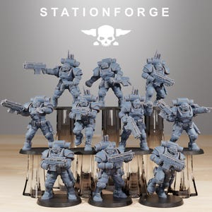 May include: A set of ten unpainted grey resin miniature soldier figurines in tactical armour, each equipped with a futuristic rifle and a backpack. The figures are arranged in three rows, featuring detailed helmets, chest plates, and utility belts.