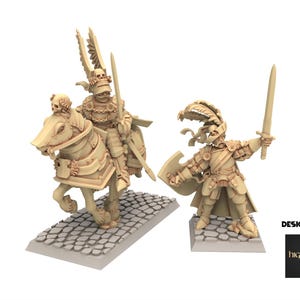 May include: Two beige miniature figurines of knights. One knight is mounted on a horse, holding a sword. The other knight is standing, holding a sword and shield. Both are on cobblestone bases. The text "DESIGNED BY highlands miniatures" is in the bottom right corner.