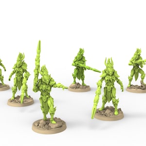 May include: Six green fantasy miniatures of armored figures with weapons, standing on tan bases. The figures have detailed armor and helmets, and are posed in various action stances. Ideal for tabletop gaming.