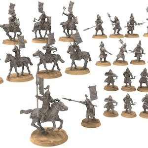 May include: A set of 25 unpainted plastic miniature figures of mounted and unmounted warriors. The figures are posed in various battle stances, holding swords, spears, and bows. The figures are designed for use in tabletop wargames.