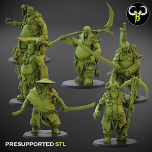 May include: A set of green miniature warrior figures, each holding weapons such as swords, scythes, and hooks. The figures are on black circular bases. The text "PRESUPPORTED STL" is at the bottom.