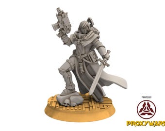 May include: A gray miniature figure of a warrior, holding a gun and a sword. The figure is standing on a textured base with skulls. The figure is wearing armor and a long coat. The base is a light brown color.