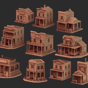 Puede incluir: Colección de edificios de madera en miniatura, que recuerdan a un pueblo del Salvaje Oeste. Las estructuras varían en diseño, con balcones, porches y fachadas detalladas. Los edificios son de color marrón cálido, lo que sugiere una estética rústica.