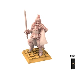 May include: A light pink miniature figurine of a knight in full armor, holding a sword and a cloth. The knight stands on a yellow brick base. The words "DESIGNED BY" and "highlands miniatures" are in the lower right corner.