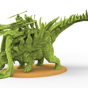 May include: A green fantasy miniature of a dinosaur-like creature with riders. The detailed model features a spiky back, horns, and intricate armour-like detailing. The miniature is mounted on a tan base, ideal for tabletop gaming.