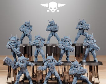 May include: A collection of gray miniature figurines of soldiers in futuristic armor, each holding a weapon. The figurines are arranged on black circular bases and platforms. The text "STATIONFORGE" and a skull logo are visible at the top.