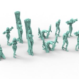 May include: A collection of teal-colored miniature figurines. The figures depict various poses, including kneeling, standing, and figures bound to structures. Some figures are chained. The figurines are set against a white background.