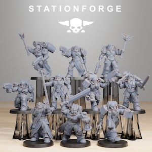 May include: A collection of ten unpainted gray resin miniature figures from StationForge, depicting armored warriors in various poses. Each figure wears detailed power armor, some holding weapons like swords, staves, or blasters, while others carry books or lanterns.