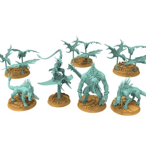 May include: A selection of light blue fantasy miniatures, featuring winged creatures, reptilian beasts, and humanoid figures. Each figure is mounted on a tan base, suitable for a tabletop game or display.