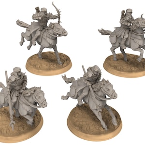 May include: Four unpainted miniature figures of mounted warriors. Each figure is on a circular base and depicts a rider in armor on horseback, some with weapons like bows and spears. The figures are in a neutral gray color.