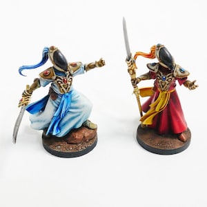 Puede incluir: Dos figuras en miniatura pintadas sobre bases circulares. La figura de la izquierda viste una túnica blanca y azul con armadura dorada y sostiene una espada. La figura de la derecha viste una túnica roja y amarilla con armadura dorada y una lanza.