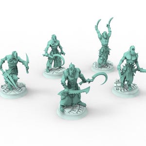 May include: A collection of five teal-colored miniature figurines of muscular figures, each posed differently and holding weapons. The figures stand on circular bases with a patterned design. The overall theme suggests fantasy or tabletop gaming.