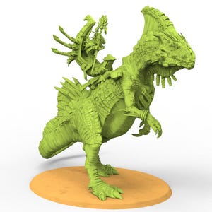 May include: A green dinosaur figurine with a rider, on a tan circular base. The dinosaur has a large crest and spiky back. The rider is a detailed figure with ornate elements. The figurine is likely a collectible or model.