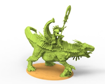 May include: A light green figurine of a dragon with a rider holding a spear. The dragon has a textured body, wings, and a long tail. The rider is wearing armor. The figurine is on a tan base.