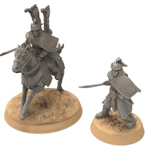 May include: Two unpainted plastic figurines of warriors, one on horseback, the other standing. Both are wearing chainmail armor and helmets. The figures are posed in a fighting stance.