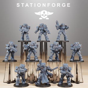 May include: A set of ten unpainted gray resin miniature soldier figures in futuristic armor, each holding a weapon. The figures are displayed on individual black stands. The text STATIONFORGE and a skull logo appear at the top of the image.