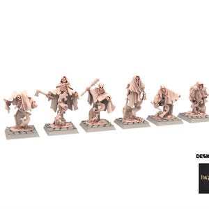 Può includere: Un gruppo di sei miniature fantasy, ognuna raffigurante un guerriero scheletrico in abiti laceri. Le figure sono in varie pose, alcune con armi. Montate su basi quadrate.