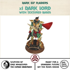 Puede incluir: Figura en miniatura de Dark Elf Lord con capa roja, armadura dorada y espada. La figura se encuentra sobre una base texturizada. La imagen incluye el texto "DARK ELF RAIDERS" y "x1 DARK LORD WITH TEXTURED BASES."