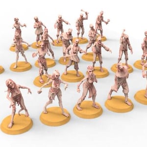 May include: A set of miniature zombie figures in various poses. The figures are painted in shades of tan and brown, with exposed flesh and tattered clothing. Each figure is mounted on a round, yellow base, suitable for tabletop gaming.