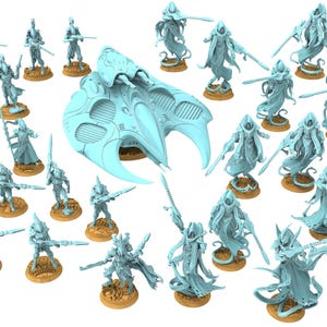 May include: A collection of light blue miniature figurines including a central sleek spacecraft and various humanoid figures in dynamic poses, some holding long weapons or staffs, all mounted on circular brown textured bases.