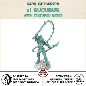 Może przedstawiać: Turkusowa miniaturowa figurka sukuba z kolekcji Dark Elf Raiders. Figurka trzyma w ręku kolczasty bicz i zakrzywione ostrze. Podstawa jest teksturowana. Tekst na obrazku brzmi "x1 SUCUBUS WITH TEXTURED BASES".
