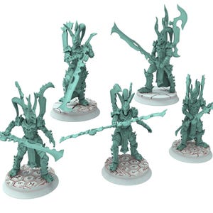 May include: Five teal-colored miniature figurines of armored warriors, each posed with a weapon. The figures stand on circular bases with engraved patterns. The warriors have elaborate helmets and are in various action stances.