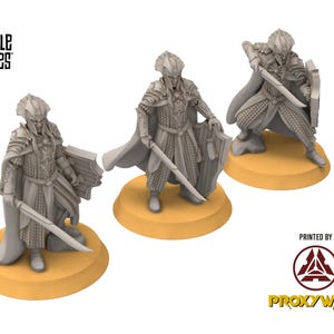 以下が含まれることがあります： 鎧を着て剣と盾を持ったエルフのグレーのプラスチック製ミニチュアフィギュア3体。フィギュアは丸い台座の上に立っています。