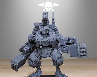 May include: A gray, detailed model of a futuristic robot with multiple weapons and a round base. The word "STATIONFORGE" is printed above the robot, along with a skull and crossbones logo.