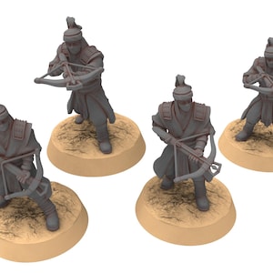 May include: Four gray miniature figures of archers with crossbows, each standing on a tan circular base. The archers wear helmets and armor, with their faces partially covered. The figures are in various poses, aiming their weapons.