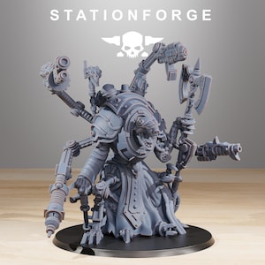 May include: A gray, detailed miniature figure with multiple mechanical arms and weapons. The figure has a robotic appearance, with intricate armor and a menacing expression. The base is black, and the text "STATIONFORGE" is at the top.