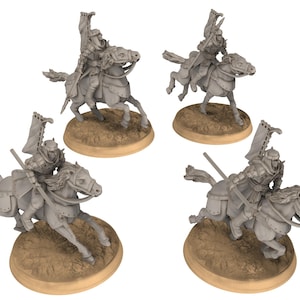 May include: Four gray miniature figures of mounted warriors. Each figure is on a circular base. The warriors are in armor and holding weapons. The horses are in motion, with their legs extended.