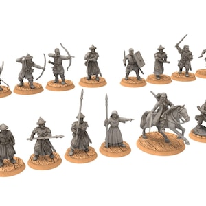 Puede incluir: Un conjunto de 14 figuras en miniatura de plástico sin pintar de guerreros, arqueros y un guerrero montado. Las figuras están en varias posturas de combate y están listas para ser pintadas.