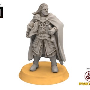 以下が含まれることがあります： マントと鎧を着た戦士のグレーのプラスチック製ミニチュアフィギュア。剣とヘルメットを持っています。フィギュアは丸い台座の上に立っています。