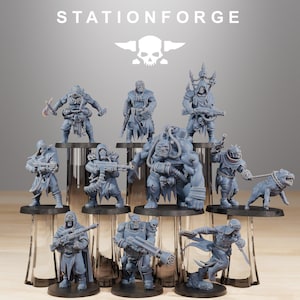 May include: A collection of gray miniature figurines, each depicting a unique character with weapons and armor. The figurines are arranged on black circular bases, with the "STATIONFORGE" logo and a skull emblem at the top.