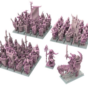 以下が含まれることがあります： ピンク色のミニチュアファンタジーフィギュアのコレクション。槍、盾、旗を持った兵士が含まれています。魔女と獣に乗った戦士の個々のフィギュアもあります。フィギュアは灰色のベースにあります。