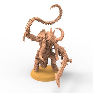 May include: A tan-coloured miniature figure of a monstrous creature, possibly for tabletop gaming. The figure has horns, a long tail, and is holding a sword. It stands on a small, round, tan base.