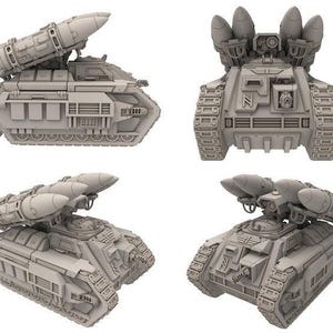 May include: A light gray unpainted miniature tank model featuring a tracked chassis, a turret-mounted missile launcher system with three large projectiles, and a front-facing weapon port. The model is shown from four distinct angles.