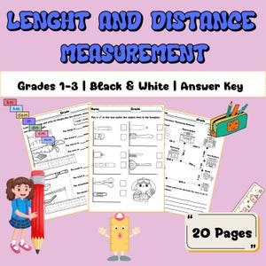 Puede incluir: Hoja de trabajo educativa titulada "Medición de longitud y distancia" para los grados 1-3. La imagen presenta hojas de trabajo en blanco y negro con ejercicios de medición, un estuche y una regla de dibujos animados. El texto incluye "Clave de respuestas" y "20 páginas."
