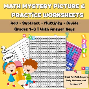 May include: Educational worksheet set for grades 1-3, featuring math mystery pictures. Includes addition, subtraction, multiplication, and division problems with answer keys. The cover shows cartoon children and a large pencil.