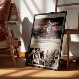 Könnte beinhalten: Gerahmtes Poster mit dem Titel "Malenia, Blade of Miquella" mit schwarzem Rahmen, das an einer Holzstaffelei lehnt. Das Poster zeigt einen Krieger auf einem Pferd in einem dunklen, illustrierten Stil. Das Poster befindet sich in einem Raum mit einem Ledersessel.