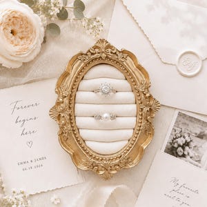 Vigselringshållarram, smyckesdisplay i vintageguld, förlovningsringsställ, brudtärnepresent, fotorekvisita för bröllop