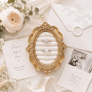 May include: An oval gold-toned ornate ring holder with a cream velvet insert holding two rings, one with a central stone and one with a pearl. Beside it are wedding stationery cards with text including Forever begins here and Emma & James.