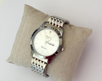 Silver Men Watch- Stainless Steel- Classic Bussines Jewelry- Day Date