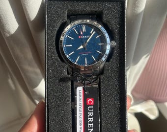 Blue Dial Mens Watch- Stainless Steel Band- Quartz Movement- Water Resistant