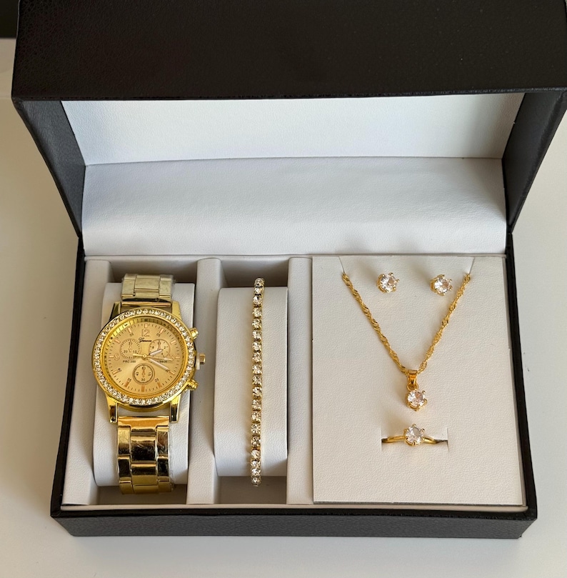 Gold Tone Crystal Watch and Jewelry Set with Bracelet, Necklace, Earrings, Ring image 19