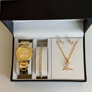 Gold Tone Crystal Watch and Jewelry Set with Bracelet, Necklace, Earrings, Ring image 4