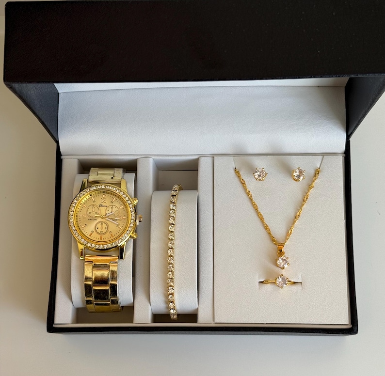 Gold Tone Crystal Watch and Jewelry Set with Bracelet, Necklace, Earrings, Ring image 4