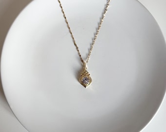 Gold-Tone Zircon Pendant Necklace | Stainless Steel Teardrop Design
